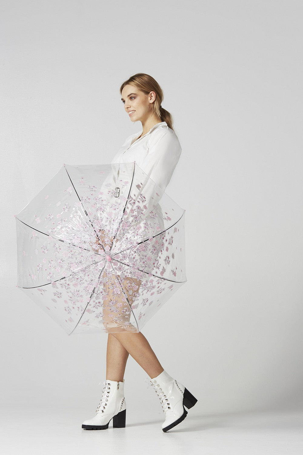Fulton Birdcage Clear Dome Umbrella - Sketchy Sprigs - Umbrellaworld