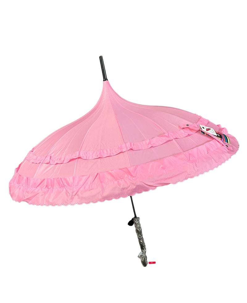 Ladies 'Sofia' Frilled Edge Pagoda Walking  Umbrella - Pink - Umbrellaworld