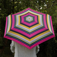 Totes ECO Tiny X-tra Strong 5 Section Folding Umbrella - Magenta Block Stripe - Umbrellaworld