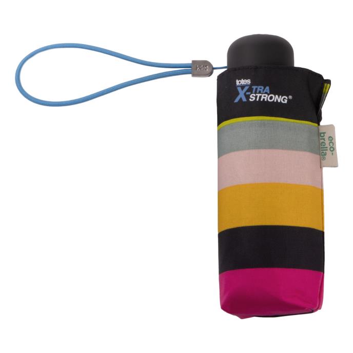 Totes ECO Tiny X-tra Strong 5 Section Folding Umbrella - Magenta Block Stripe - Umbrellaworld