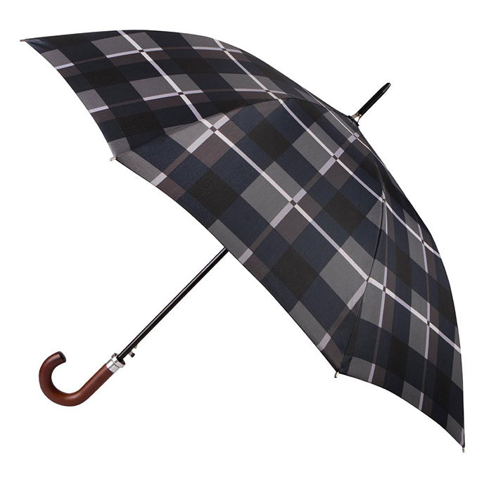 Totes ECO Automatic Walking Umbrella with Wood Handle - Black Grey Check - Umbrellaworld