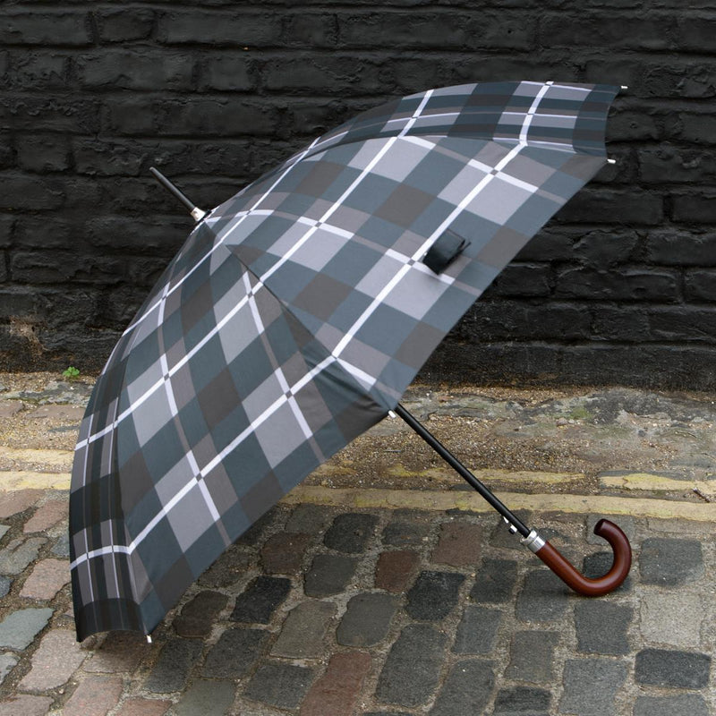 Totes ECO Automatic Walking Umbrella with Wood Handle - Black Grey Check