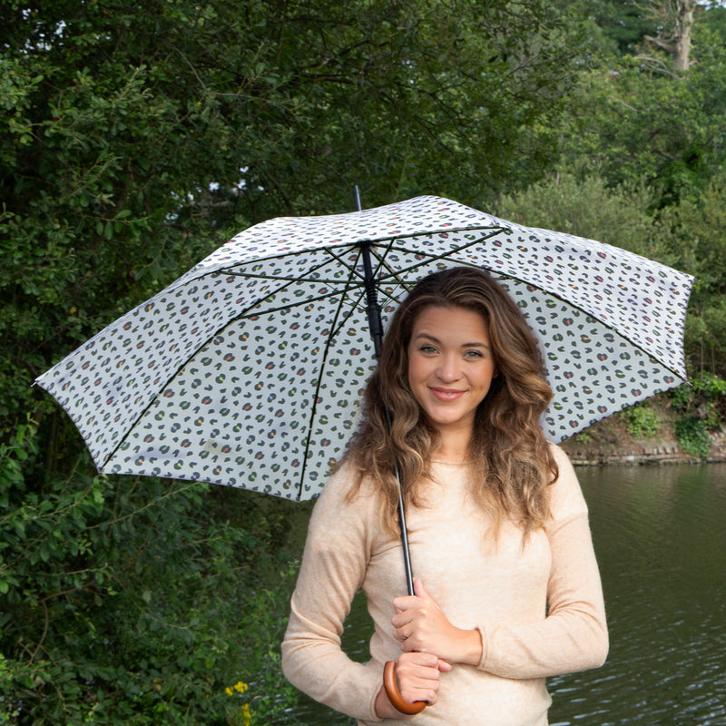 Totes ECO Automatic Walking Umbrella with Wood Handle - Bright Animal Print