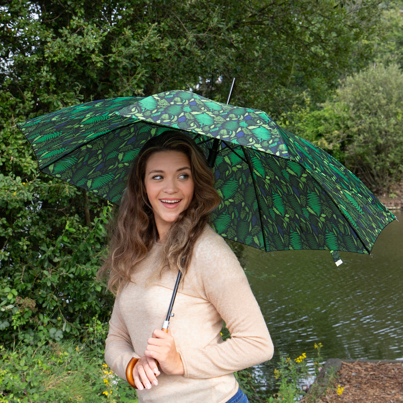 Totes ECO Automatic Walking Umbrella with Wood Handle - Fern