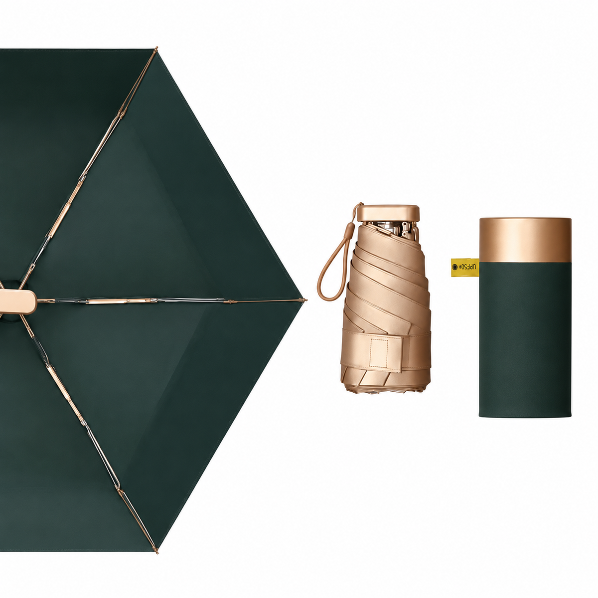 UPF 50+ Gold Reflective Compact Travel Umbrella | Heat-Reflecting Outer | 93cm Canopy | 230g