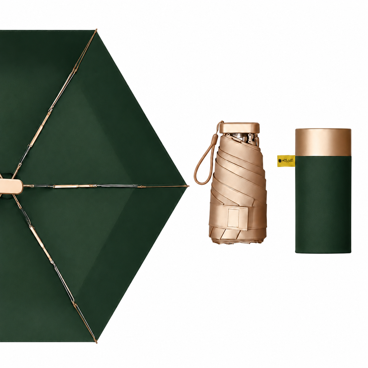 UPF 50+ Gold Reflective Compact Travel Umbrella | Heat-Reflecting Outer | 93cm Canopy | 230g