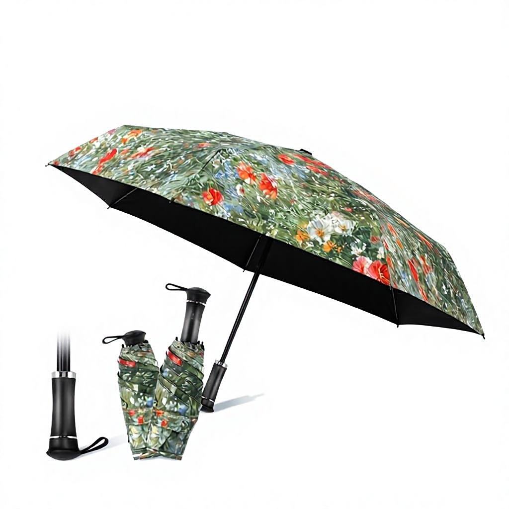 UPF 50+ Mini Compact Floral Umbrella - Long Handle | Pocket Size 18cm | Sun &amp; Rain | 230g