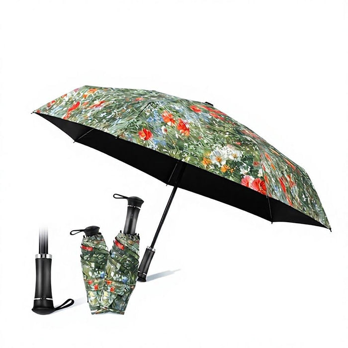 UPF 50+ Mini Compact Floral Umbrella - Long Handle | Pocket Size 18cm | Sun &amp; Rain | 230g
