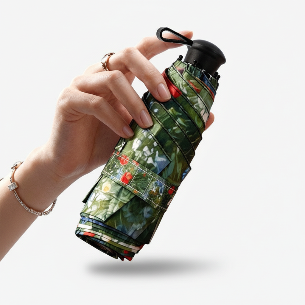 UPF 50+ Mini Compact Floral Umbrella - Long Handle | Pocket Size 18cm | Sun &amp; Rain | 230g