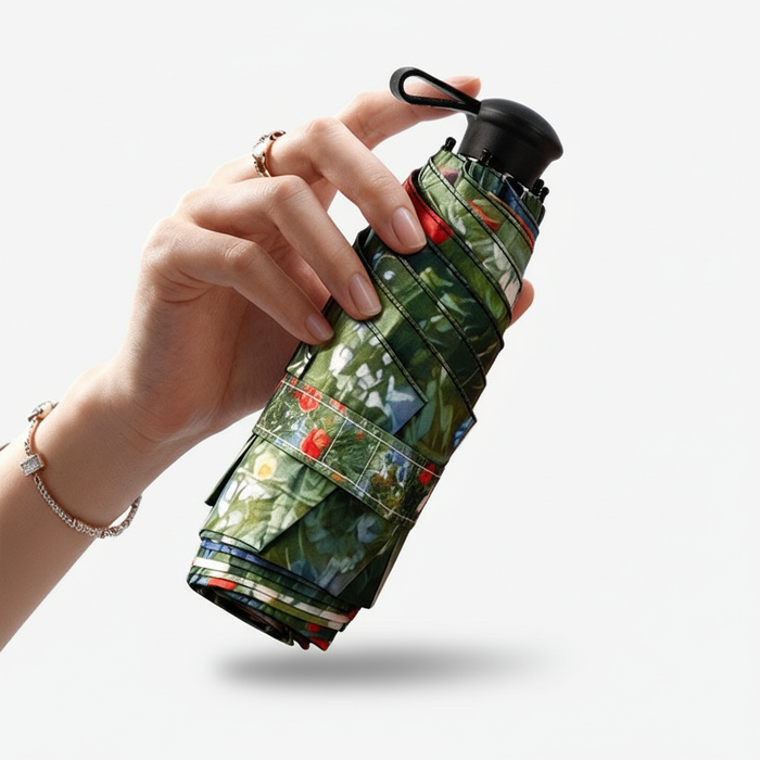 UPF 50+ Mini Compact Floral Umbrella - Long Handle | Pocket Size 18cm | Sun &amp; Rain | 230g