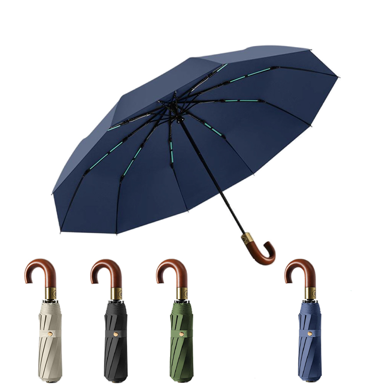 UPF 50+ Auto AOC Folding Umbrella | 10 Rib Frame | Easy Open | Wood Hook Handle