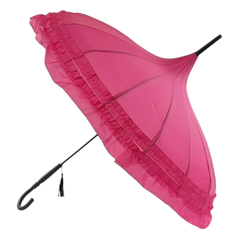 Ladies 'Sofia' Frilled Edge Pagoda Walking  Umbrella - Hot Pink