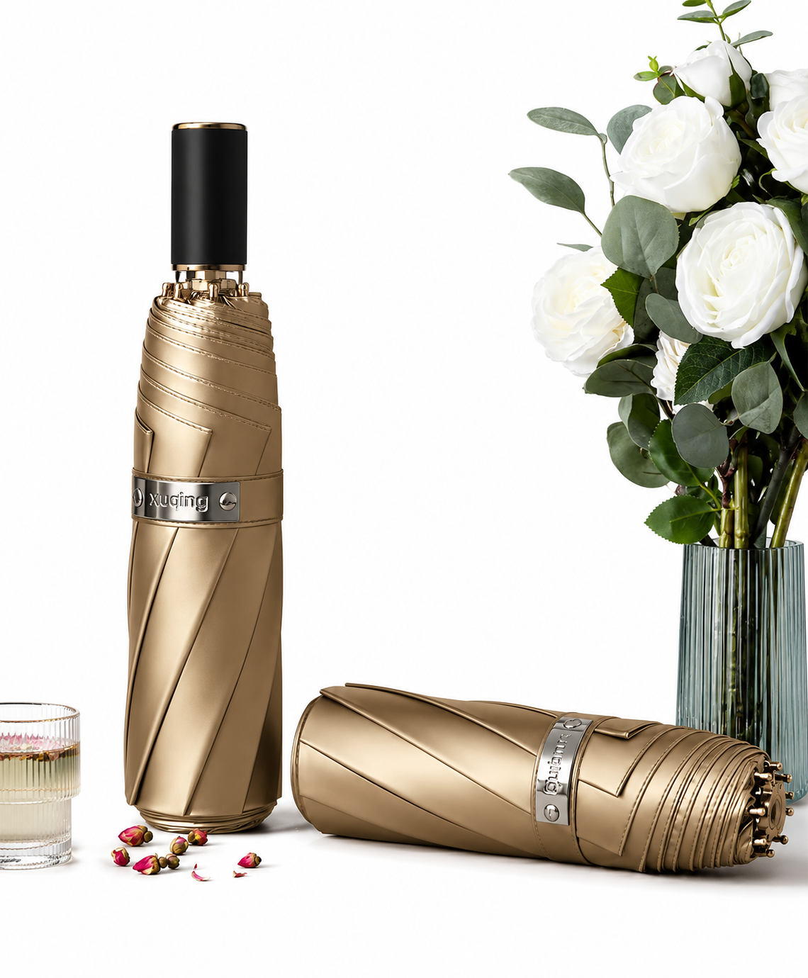UPF 50+ Luxury Gold Reflective Travel Umbrella | Heat-Reflecting Outer | 100cm Canopy | 375g