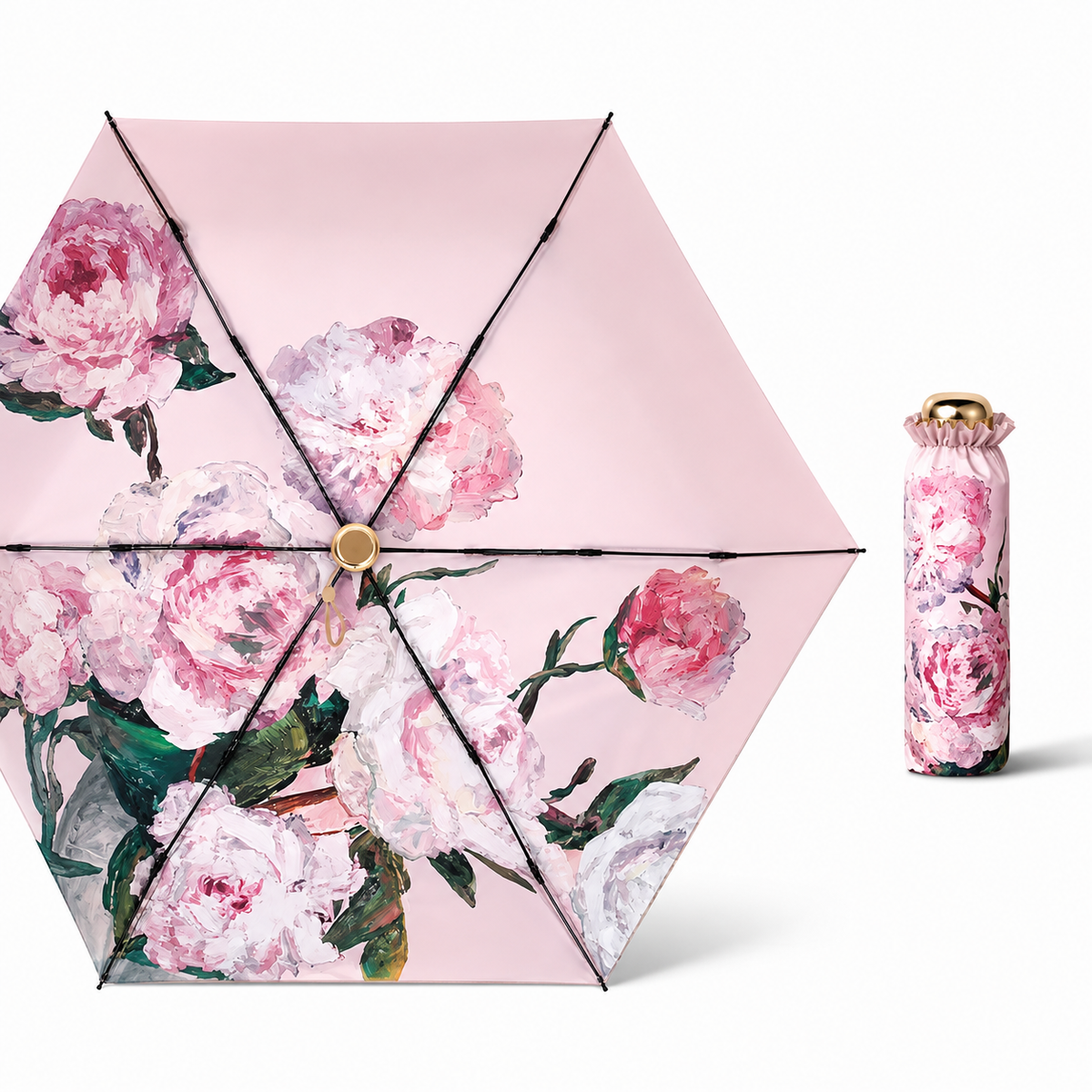 UPF 50+ Gold Reflective Compact Travel Umbrella | Heat-Reflecting Outer | Floral Underside