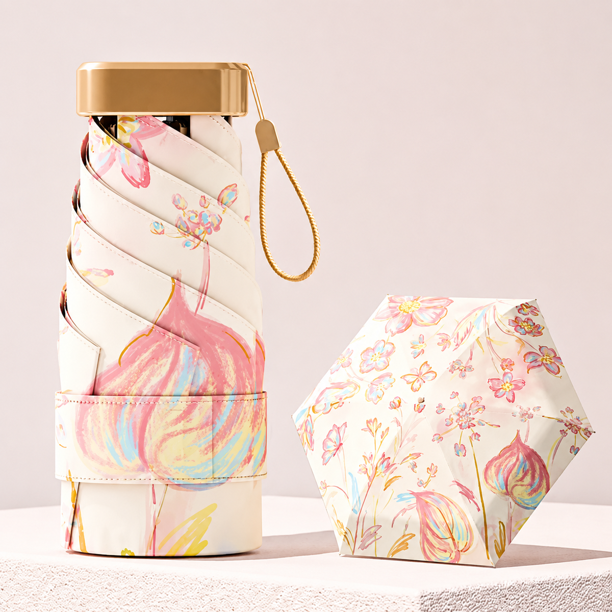 UPF 50+ Floral Sketch Mini Flat Travel Umbrella | 93cm Canopy | Gold Frame