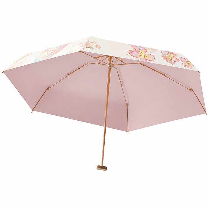 UPF 50+ Floral Sketch Mini Flat Travel Umbrella | 93cm Canopy | Gold Frame