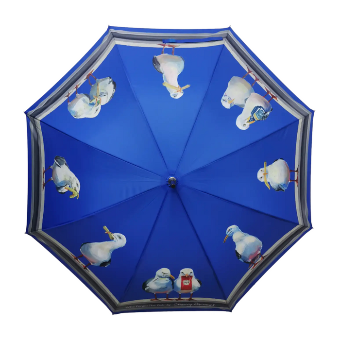 Cherry Parsons - Compact Auto Folding Umbrella - Who Forgot The Fish - Seagulls - Umbrellaworld