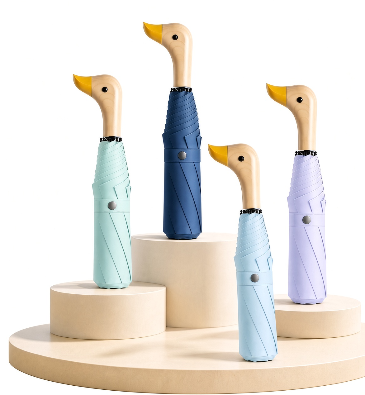 Duck Head Handle Folding Umbrella | UPF 50+ UV Protection | Wood Look Handle