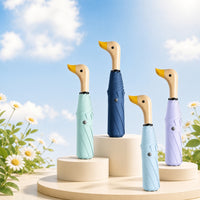 Duck Head Handle Folding Umbrella | UPF 50+ UV Protection | Wood Look Handle