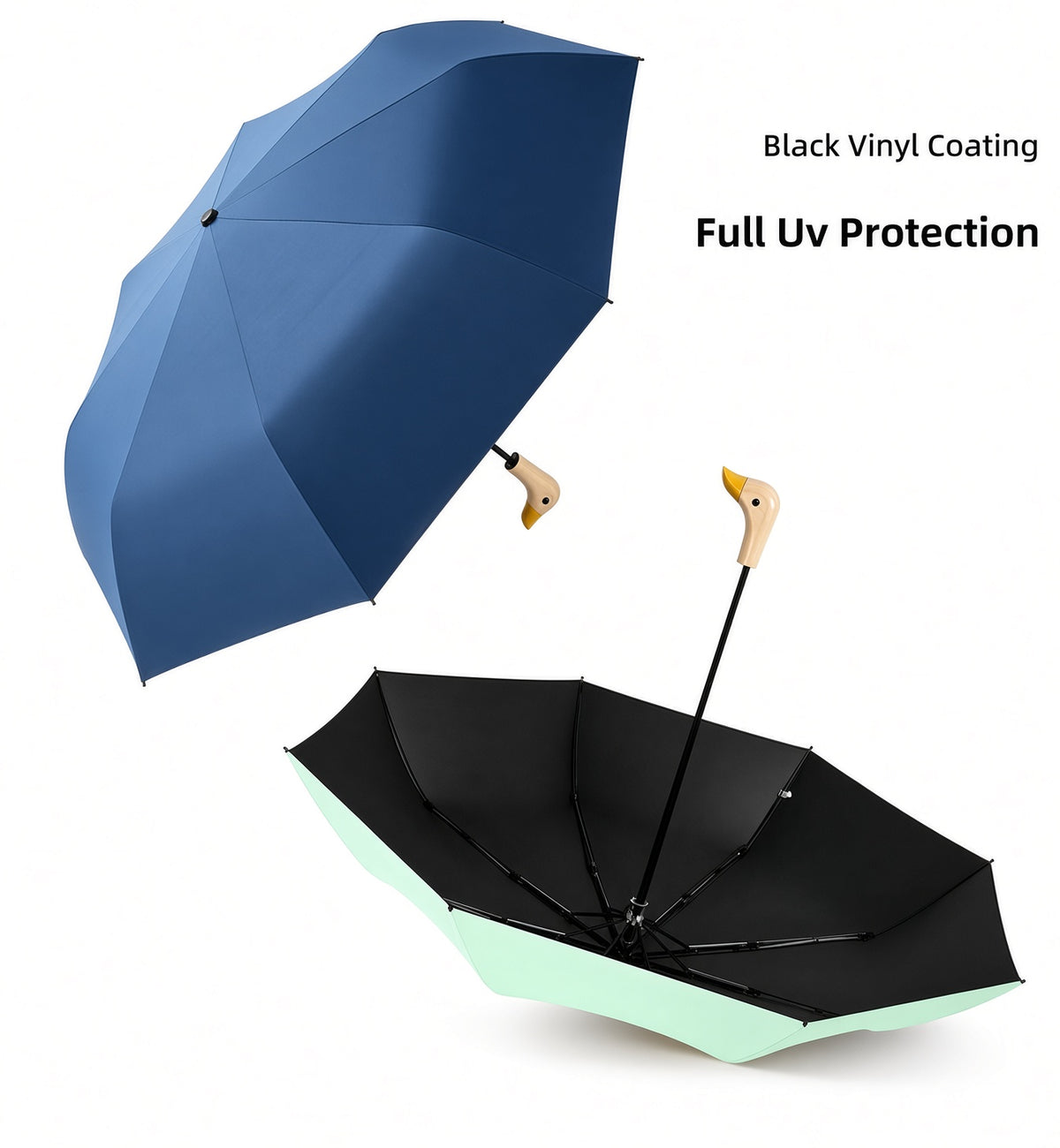 Duck Head Handle Folding Umbrella | UPF 50+ UV Protection | Wood Look Handle