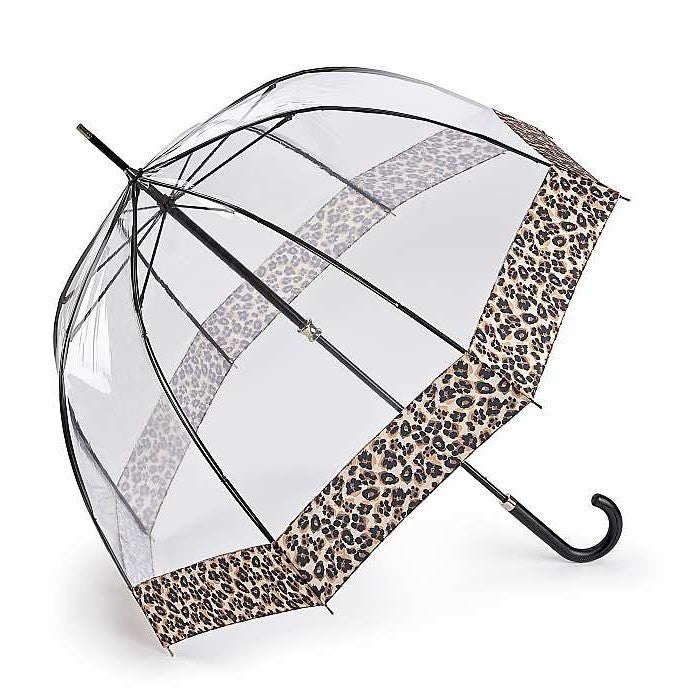 Fulton Birdcage Luxe Clear Dome Umbrella - Natural Leopard | Premium Fabric Border | Wind Resistant