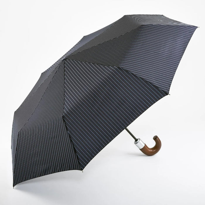 Fulton Chelsea City Stripe Executive Folding Umbrella - Black | Auto Open & Close | Wooden Handle