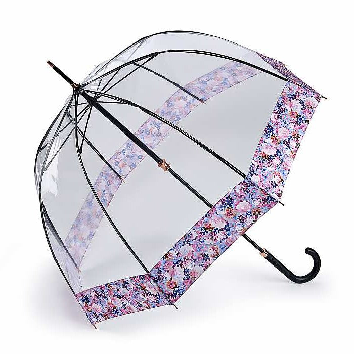 Fulton Birdcage Luxe Clear Dome Umbrella - Digital Blossom | Premium Fabric Border | Wind Resistant