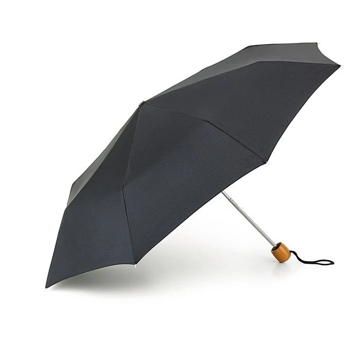 Fulton Stowaway Deluxe Folding Umbrella - Black | Wooden Handle | Wind Resistant | 96cm Span