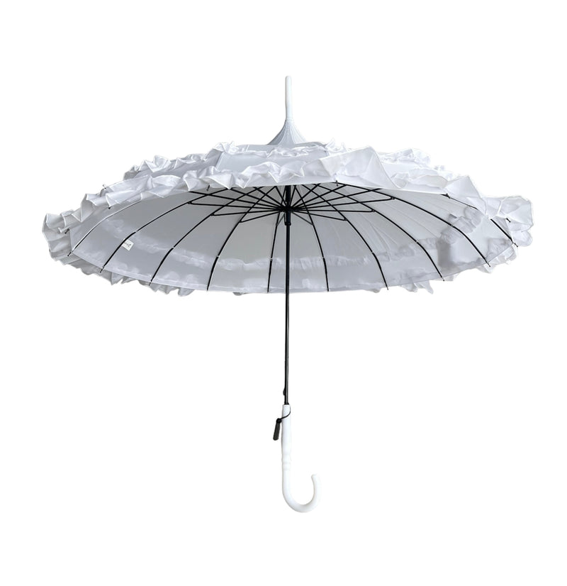 Ladies 'Sofia' Frilled Edge Pagoda Walking  Umbrella - White - Umbrellaworld