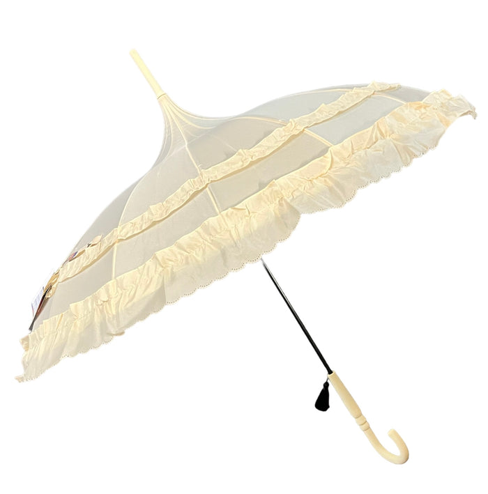 Ladies 'Sofia' Frilled Edge Pagoda Walking  Umbrella - Ivory - Umbrellaworld