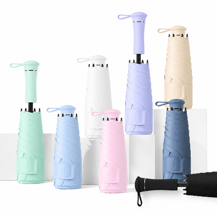 UPF 50+ Mini Compact Travel Umbrella - Long Handle | Pocket Size 18cm | Sun &amp; Rain | 230g