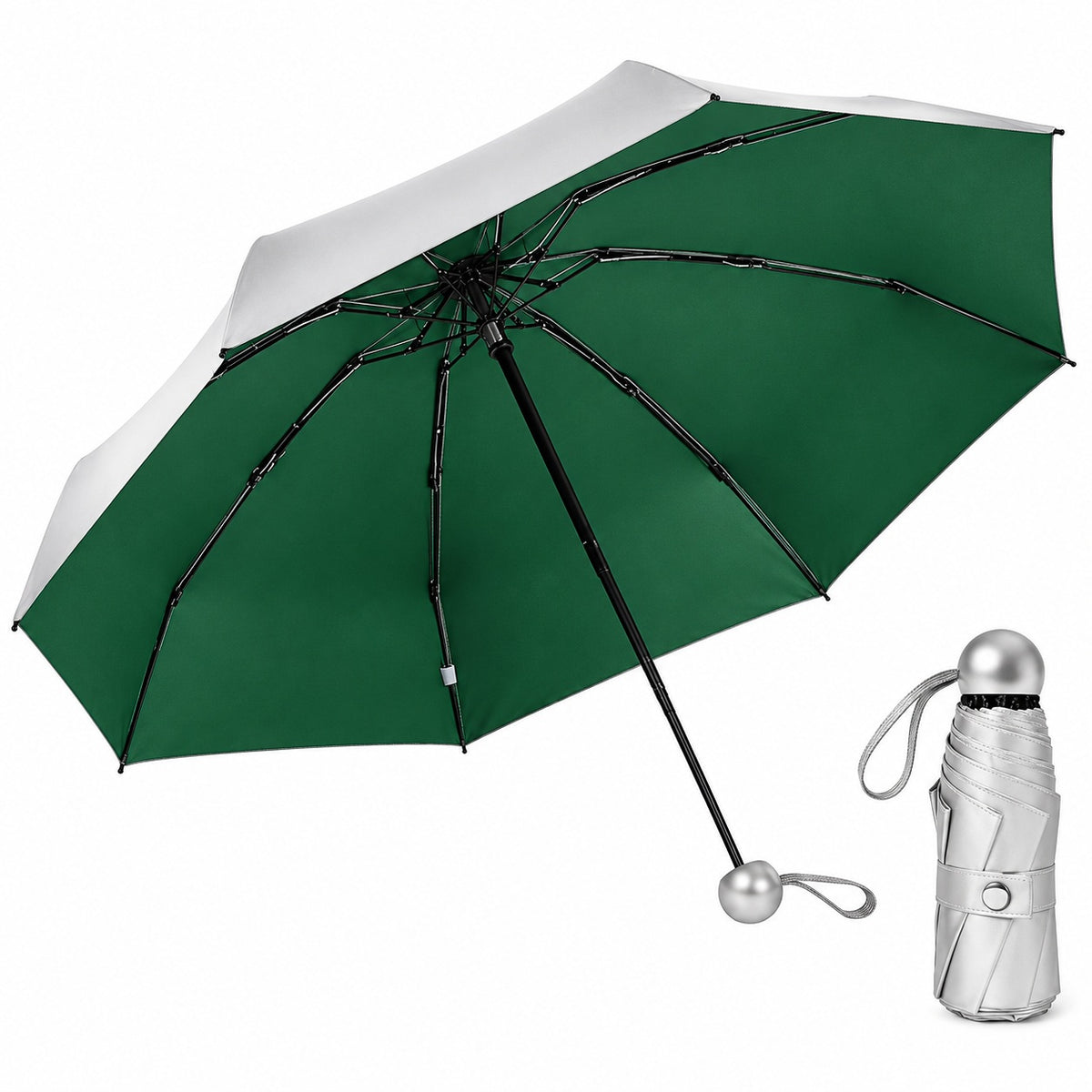 UPF 50+ Silver Reflective Compact Travel Umbrella | Heat-Reflecting Outer | 93cm Canopy | 297g
