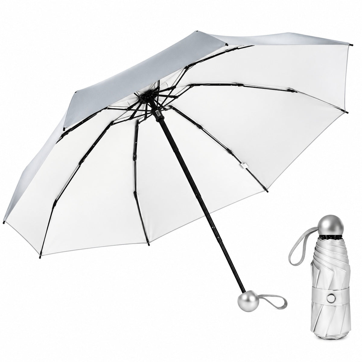 UPF 50+ Silver Reflective Compact Travel Umbrella | Heat-Reflecting Outer | 93cm Canopy | 297g