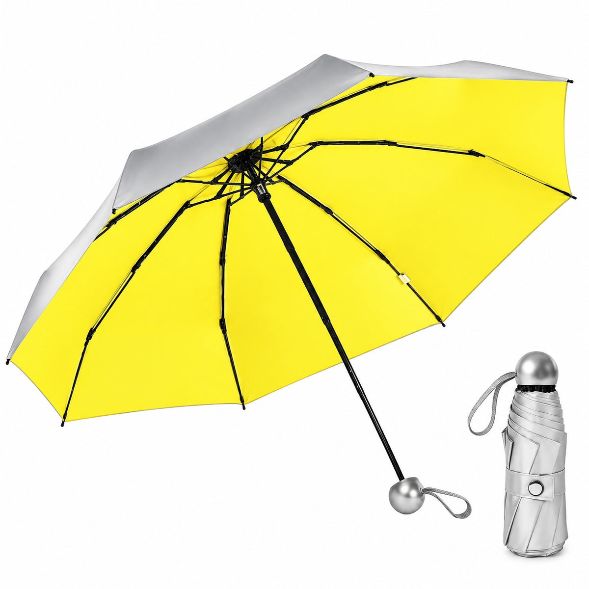 UPF 50+ Silver Reflective Compact Travel Umbrella | Heat-Reflecting Outer | 93cm Canopy | 297g