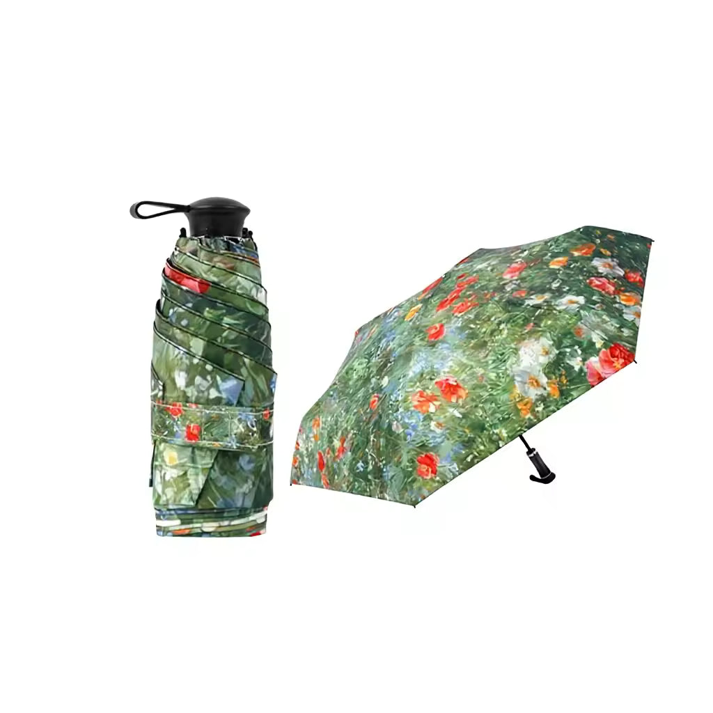 UPF 50+ Mini Compact Floral Umbrella - Long Handle | Pocket Size 18cm | Sun &amp; Rain | 230g