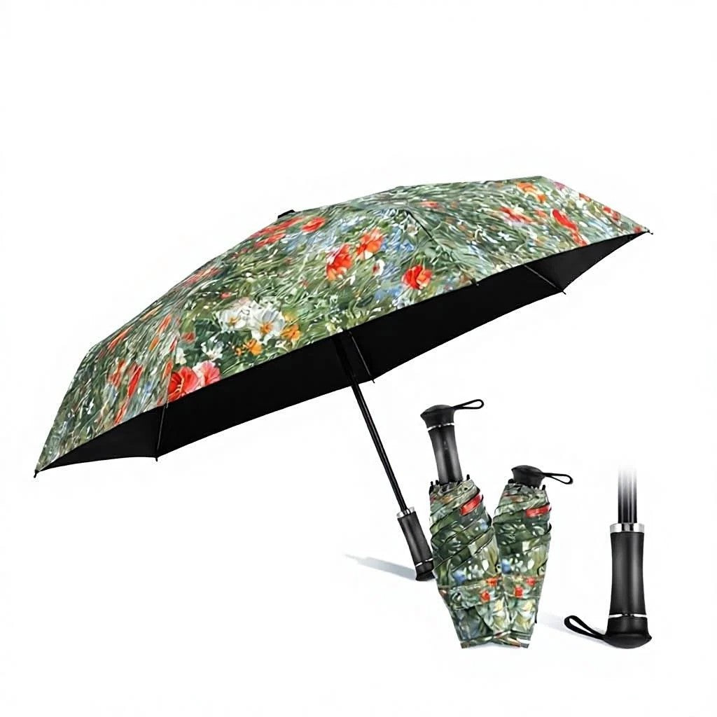 UPF 50+ Mini Compact Floral Umbrella - Long Handle | Pocket Size 18cm | Sun & Rain | 230g