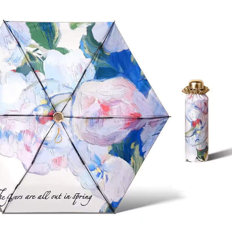 UPF 50+ Gold Reflective Compact Travel Umbrella | Heat-Reflecting Outer | Floral Underside