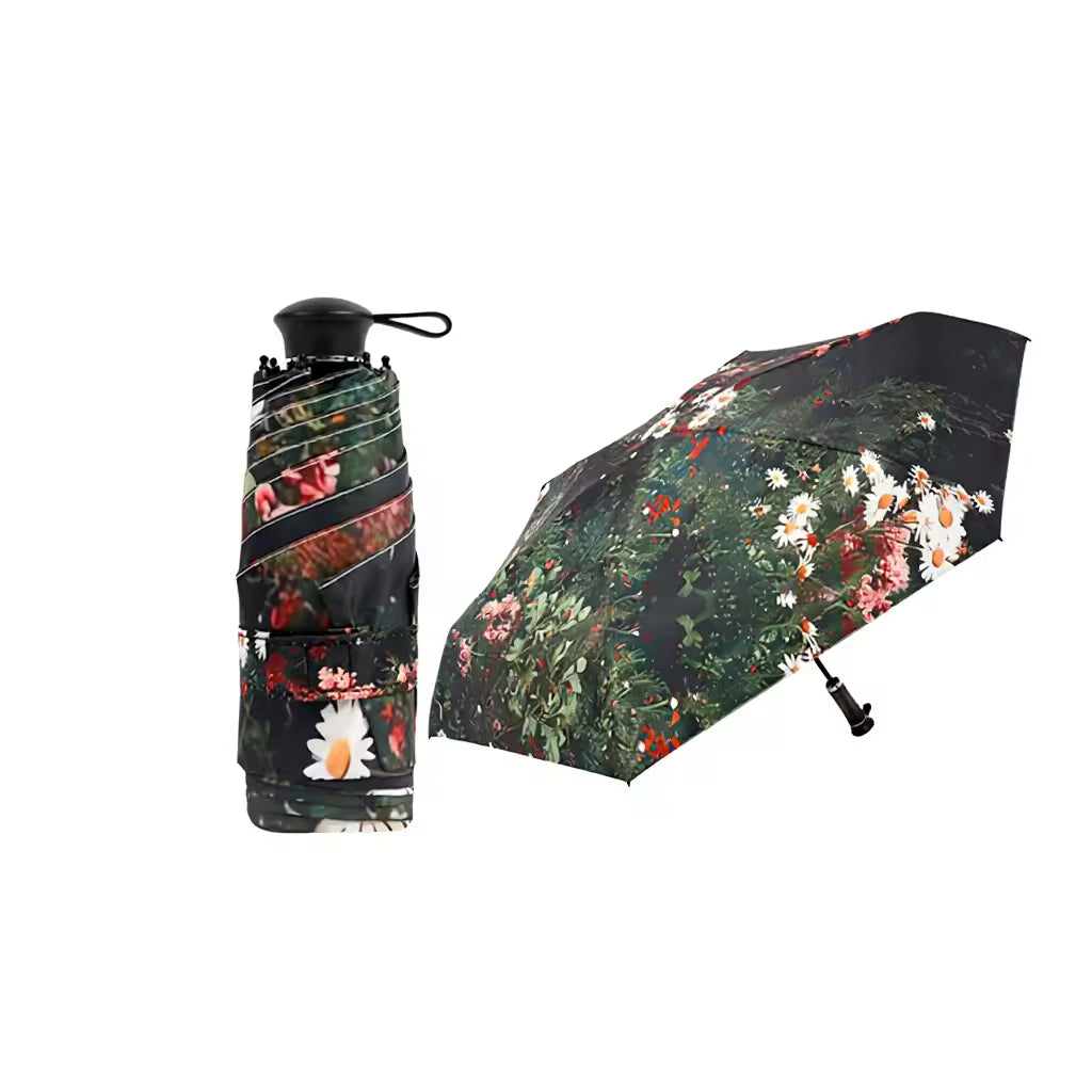 UPF 50+ Mini Compact Floral Umbrella - Long Handle | Pocket Size 18cm | Sun &amp; Rain | 230g