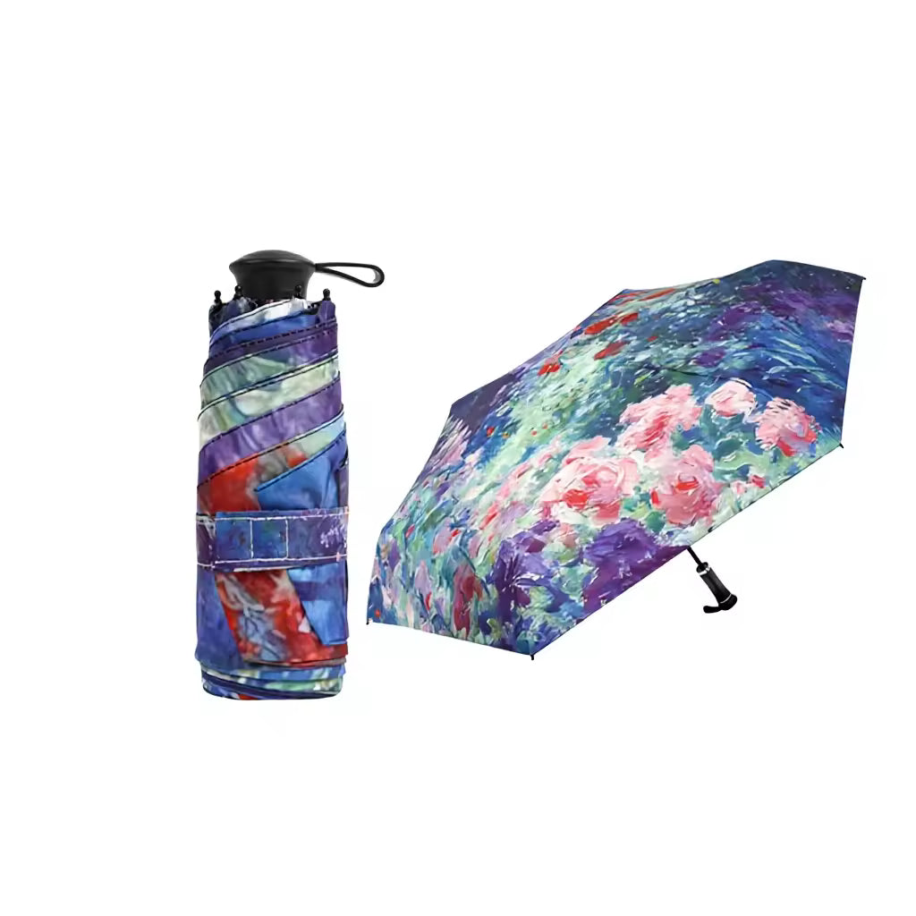 UPF 50+ Mini Compact Floral Umbrella - Long Handle | Pocket Size 18cm | Sun &amp; Rain | 230g