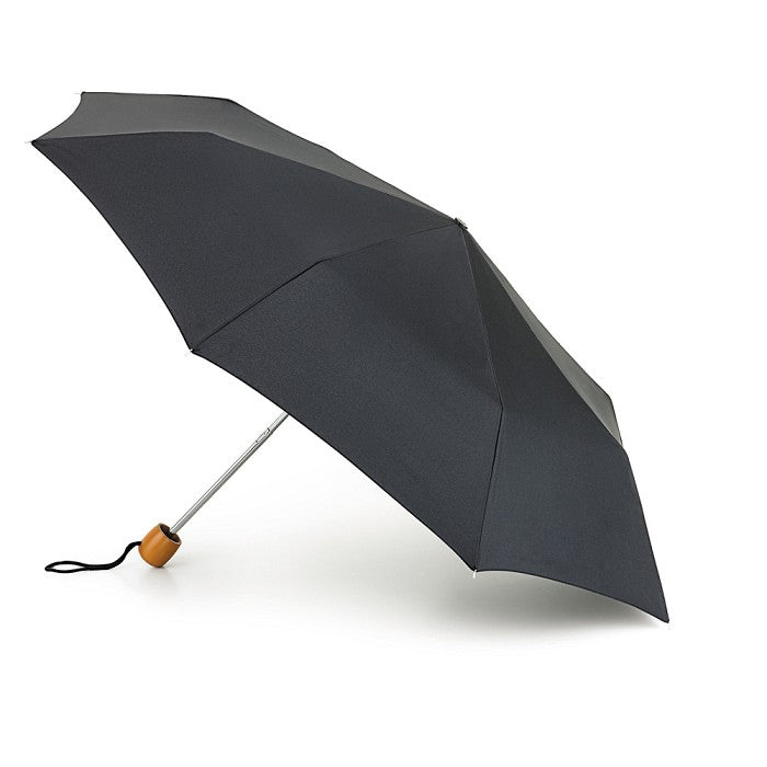 Fulton "Stowaway Deluxe" Black Folding Umbrella with Wood Handle - Umbrellaworld