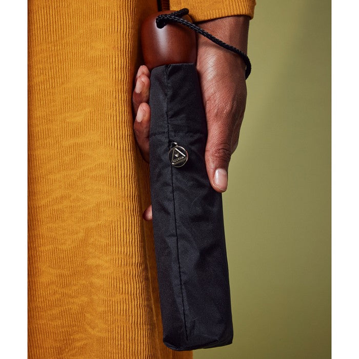 Fulton "Stowaway Deluxe" Black Folding Umbrella with Wood Handle - Umbrellaworld