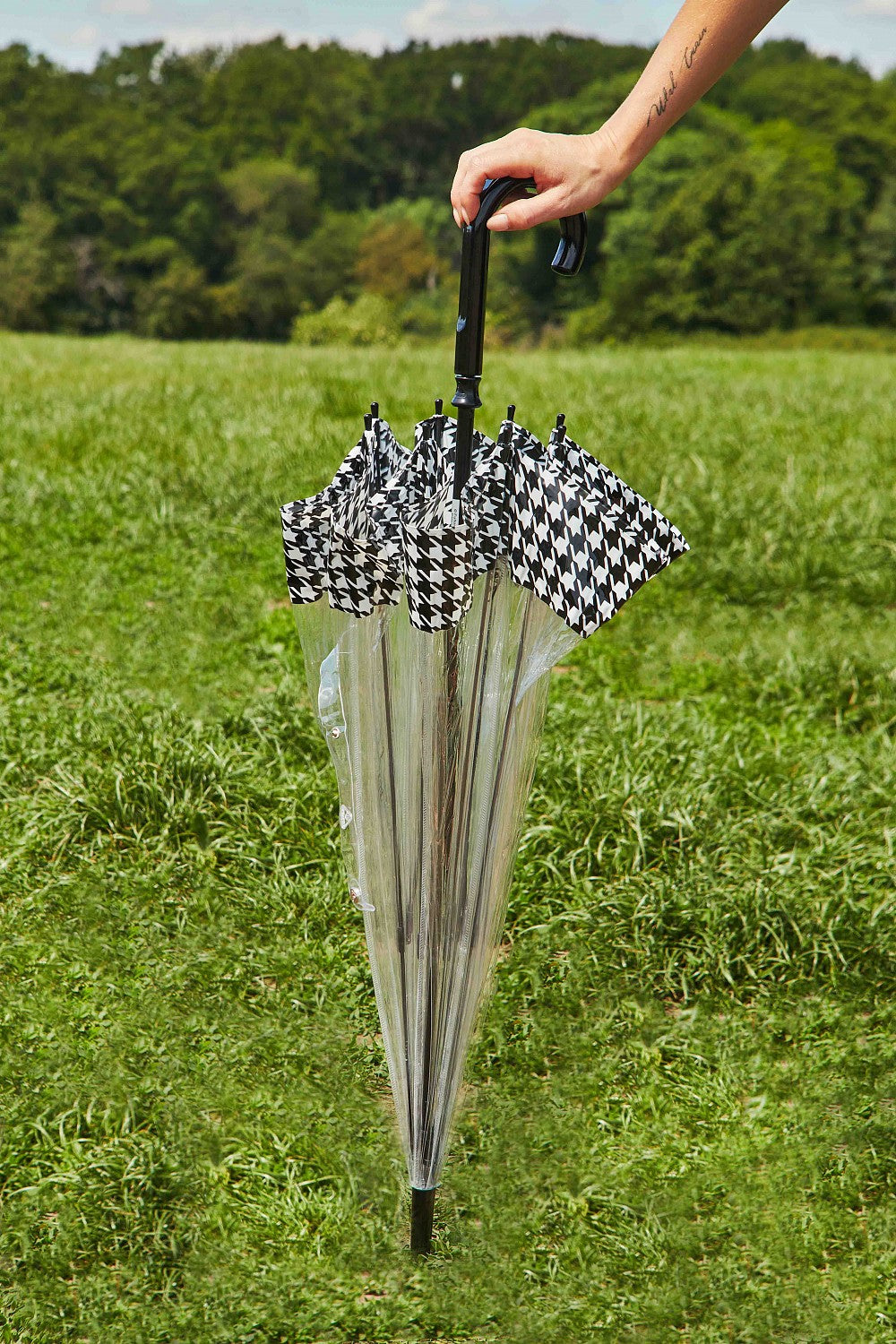 Fulton Birdcage Clear Dome Umbrella - Houndstooth Border - Umbrellaworld