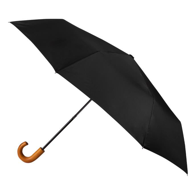 Totes ECO Classic Wood Crook Folding Umbrella - Black - Umbrellaworld