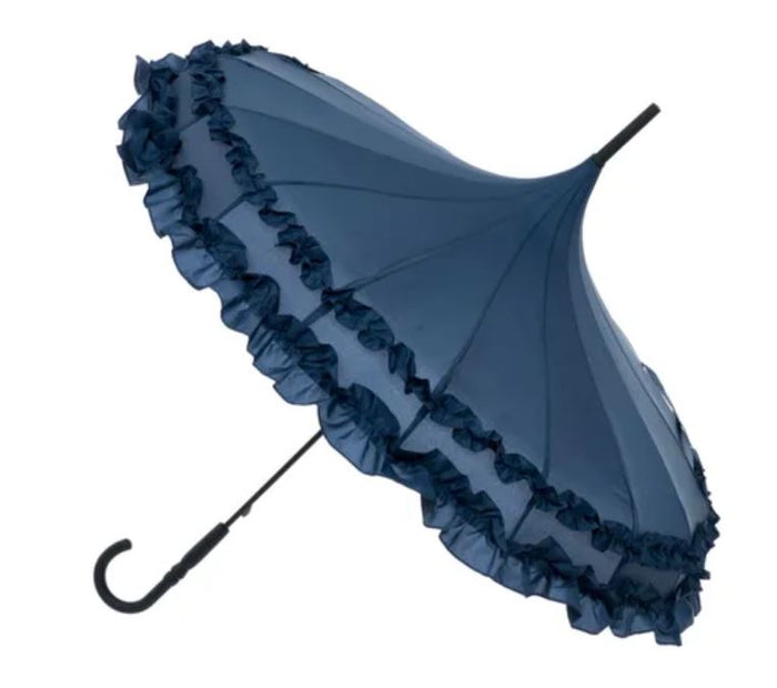 Ladies 'Sofia' Frilled Edge Pagoda Walking  Umbrella - Navy - Umbrellaworld