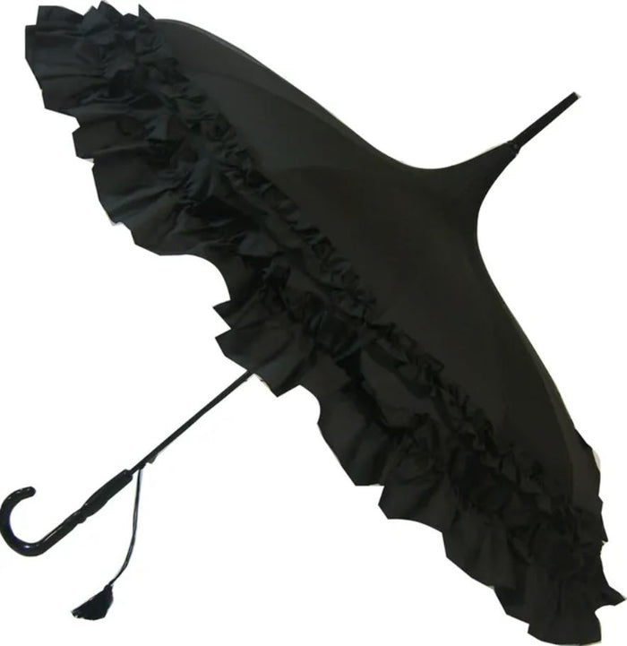 Ladies 'Sofia' Frilled Edge Pagoda Walking  Umbrella - Black - Umbrellaworld