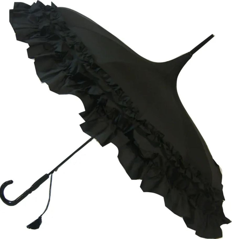 Ladies 'Sofia' Frilled Edge Pagoda Walking  Umbrella - Black