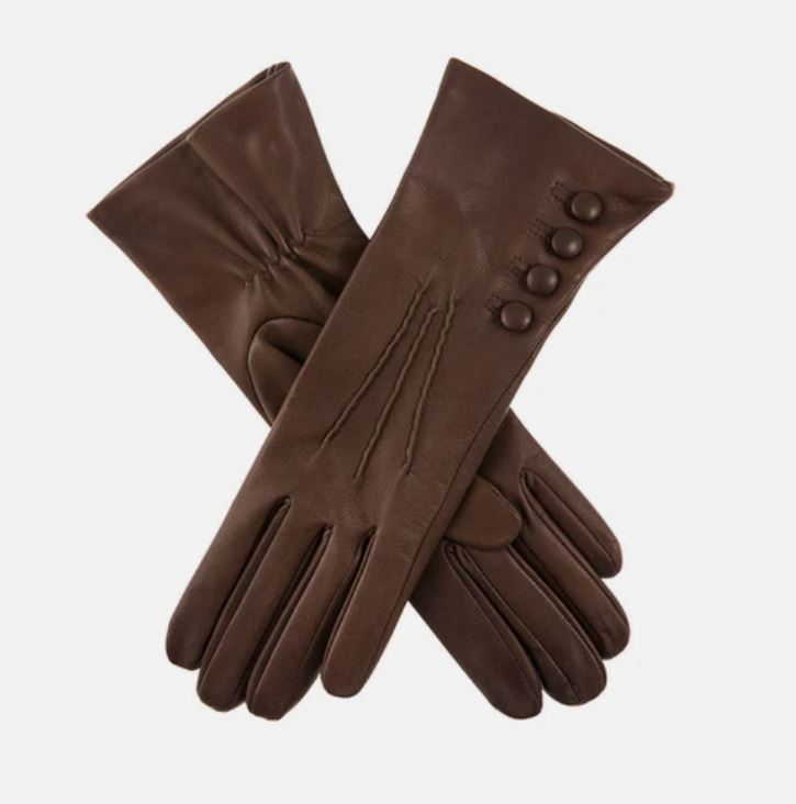 Ladies Mocha 'Rose' Dents Silk Lined Button Detail Leather Gloves - Size 7 - Umbrellaworld